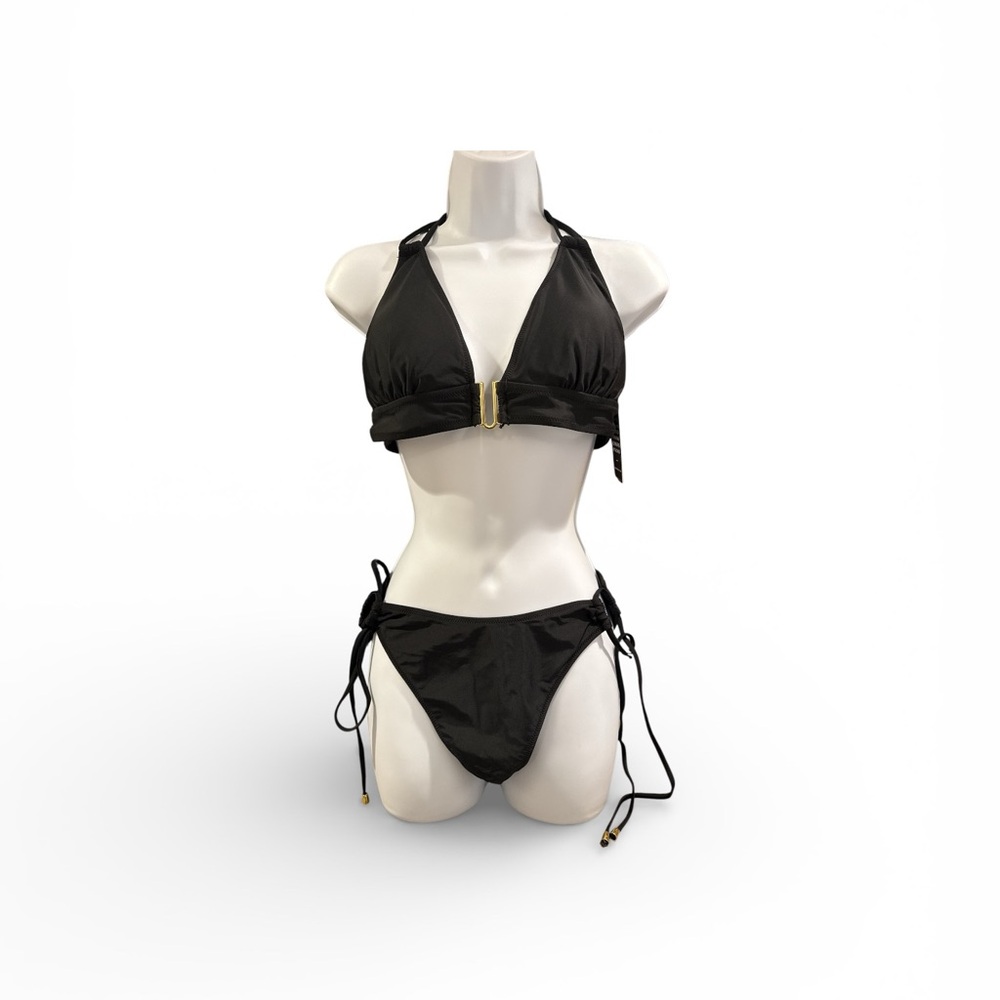 Elegant Black Halter Bikini with gold clasps